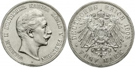 Reichssilbermünzen J. 19-178 Preußen Wilhelm II., 1888-1918
5 Mark 1908 A. vorzüglich/Stempelglanz, winz. Kratzer