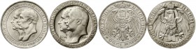 Reichssilbermünzen J. 19-178 Preußen Wilhelm II., 1888-1918
2 Stück: 3 Mark 1910 A. Uni Berlin und 1911 A. Uni Breslau beise fast Stempelglanz