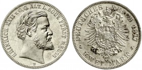 Reichssilbermünzen J. 19-178 Reuß, ältere Linie Heinrich XXII., 1867-1902
2 Mark 1877 B. fast Stempelglanz, Prachtexemplar