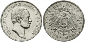 Reichssilbermünzen J. 19-178 Sachsen Friedrich August III., 1904-1918
5 Mark 1914 E. gutes vorzüglich