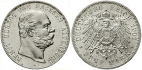 Reichssilbermünzen J. 19-178 Sachsen/-Altenburg Ernst, 1853-1908
5 Mark 1901 A. prägefrisch/fast Stempelglanz, min. Randfehler