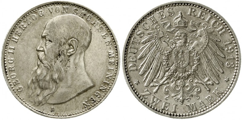 Reichssilbermünzen J. 19-178 Sachsen/-Meiningen Georg II., 1866-1914
2 Mark 191...