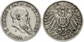 Reichssilbermünzen J. 19-178 Sachsen/-Meiningen Georg II., 1866-1915
2 Mark 1901 D. Zum Geburtstag,
gutes sehr schön, kl. Randfehler und winz. Kratz...