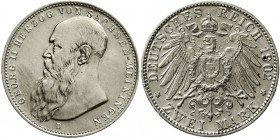 Reichssilbermünzen J. 19-178 Sachsen/-Meiningen Georg II., 1866-1915
2 Mark 1902 D. Bart berührt Perlkreis nicht.
vorzüglich, kl. Fleck
