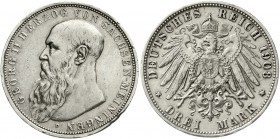 Reichssilbermünzen J. 19-178 Sachsen/-Meiningen Georg II., 1866-1915
3 Mark 1908 D. sehr schön/vorzüglich, Randfehler und etwas berieben