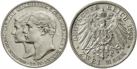 Reichssilbermünzen J. 19-178 Sachsen/-Weimar-Eisenach Wilhelm Ernst, 1901-1918
2 Mark 1903 A. Zur Hochzeit
gutes vorzüglich