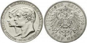 Reichssilbermünzen J. 19-178 Sachsen/-Weimar-Eisenach Wilhelm Ernst, 1901-1918
5 Mark 1903 A. Zur Hochzeit.
vorzüglich/Stempelglanz, winz. Kratzer