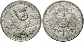 Reichssilbermünzen J. 19-178 Sachsen/-Weimar-Eisenach Wilhelm Ernst, 1901-1918
5 Mark 1908. Universität Jena.
vorzüglich/Stempelglanz