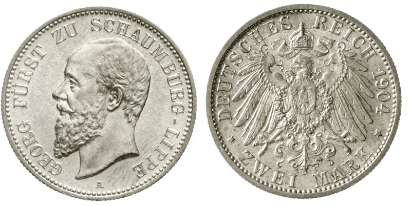 Reichssilbermünzen J. 19-178 Schaumburg-Lippe Georg, 1893-1911
2 Mark 1904 A. f...
