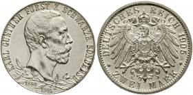 Reichssilbermünzen J. 19-178 Schwarzburg/-Sondershausen Karl Günther, 1880-1909
2 Mark 1905 A. 25 jähr. Regierungsj., schmaler Randstab.
gutes vorzü...
