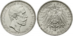 Reichssilbermünzen J. 19-178 Schwarzburg/-Sondershausen Karl Günther, 1880-1909
3 Mark 1909 A. Auf seinen Tod.
fast Stempelglanz, kl. Randfehler