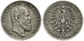 Reichssilbermünzen J. 19-178 Württemberg Karl, 1864-1891
2 Mark 1876 F sehr schön, kl. Randfehler, schöne Patina