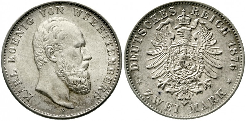 Reichssilbermünzen J. 19-178 Württemberg Karl, 1864-1891
2 Mark 1876 F. gutes v...