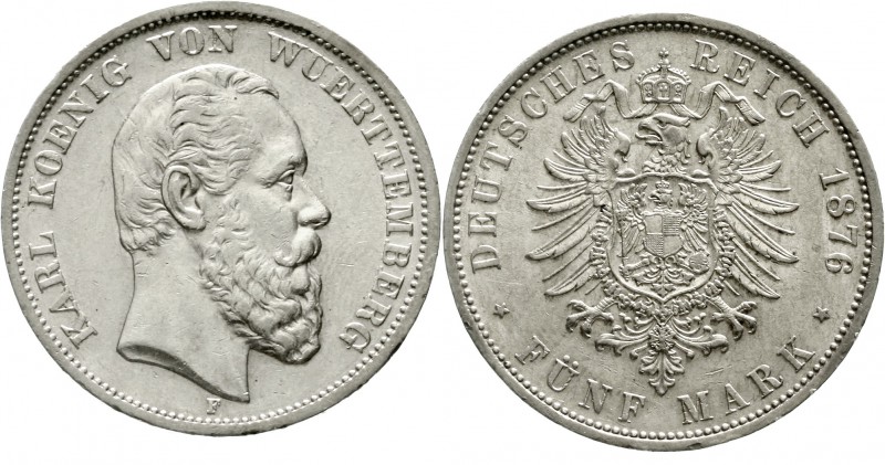 Reichssilbermünzen J. 19-178 Württemberg Karl, 1864-1891
5 Mark 1876 F. gutes v...