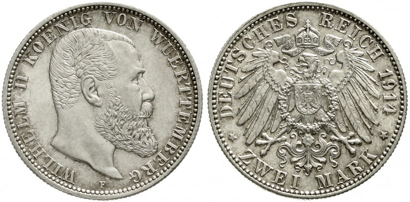 Reichssilbermünzen J. 19-178 Württemberg Wilhelm II., 1891-1918
2 Mark 1914 F v...