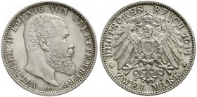 Reichssilbermünzen J. 19-178 Württemberg Wilhelm II., 1891-1918
2 Mark 1914 F vorzüglich/Stempelglanz, kl. Randfehler