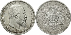 Reichssilbermünzen J. 19-178 Württemberg Wilhelm II., 1891-1918
5 Mark 1906 F. sehr schön, kl. Randfehler, selten