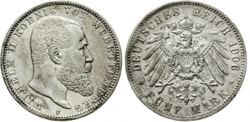 Reichssilbermünzen J. 19-178 Württemberg Wilhelm II., 1891-1918
5 Mark 1906 F. ...