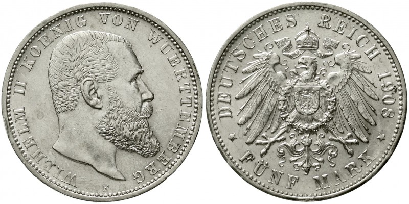 Reichssilbermünzen J. 19-178 Württemberg Wilhelm II., 1891-1918
5 Mark 1908 F. ...