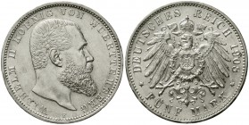 Reichssilbermünzen J. 19-178 Württemberg Wilhelm II., 1891-1918
5 Mark 1908 F. vorzüglich/Stempelglanz, kl. Randfehler