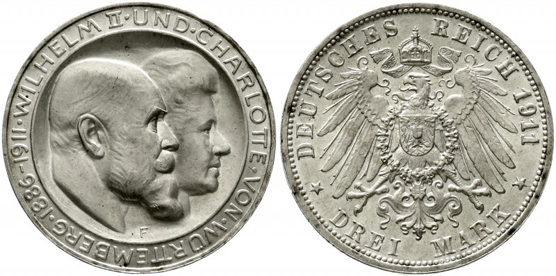 Reichssilbermünzen J. 19-178 Württemberg Wilhelm II., 1891-1918
3 Mark 1911 F. ...
