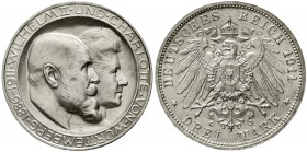 Reichssilbermünzen J. 19-178 Württemberg Wilhelm II., 1891-1918
3 Mark 1911 F. Zur silbernen Hochzeit. Mit hohem Querstrich im H
prägefrisch/fast St...