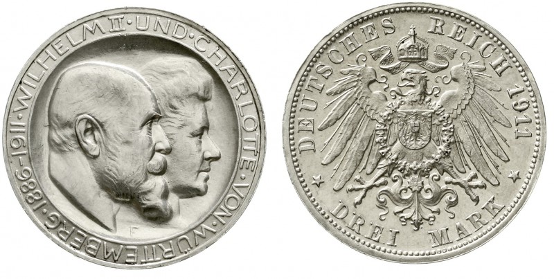 Reichssilbermünzen J. 19-178 Württemberg Wilhelm II., 1891-1918
3 Mark 1911 F. ...