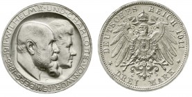 Reichssilbermünzen J. 19-178 Württemberg Wilhelm II., 1891-1918
3 Mark 1911 F. Zur silbernen Hochzeit. Mit hohem Querstrich im H.
fast Stempelglanz...