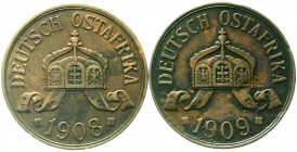 Kolonien und Nebengebiete Deutsch Ostafrika
2 X 5 Heller: 1908 J und 1909 J. Größte deutsche Kupfermünzen.
beide sehr schön