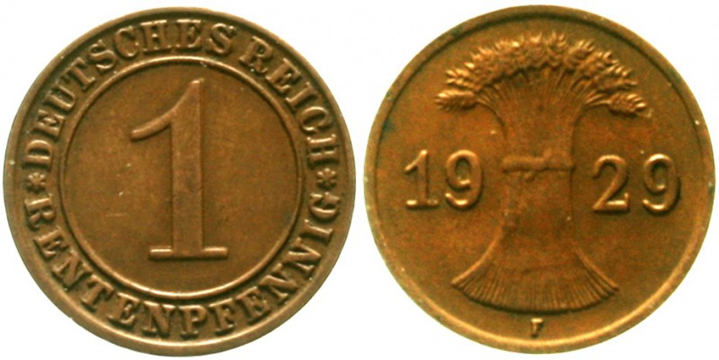 Weimarer Republik Kursmünzen 1 Rentenpfennig, Kupfer, 1923-1929
1929 F. Zwitter...