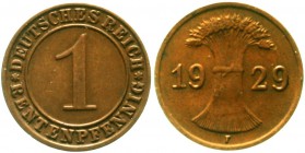 Weimarer Republik Kursmünzen 1 Rentenpfennig, Kupfer, 1923-1929
1929 F. Zwitterprägung.
sehr schön