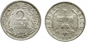 Weimarer Republik Kursmünzen 2 Reichsmark, Silber 1925-1931
1931 F fast Stempelglanz, Prachtexemplar mit feiner Tönung