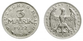 Weimarer Republik Kursmünzen 3 Mark, Aluminium mit Umschrift 1922-1923
1922 D. fast Stempelglanz, sehr selten
