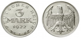 Weimarer Republik Kursmünzen 3 Mark, Aluminium mit Umschrift 1922-1923
1922 E. Polierte Platte, leicht berührt