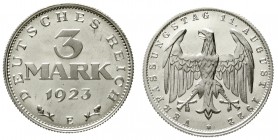 Weimarer Republik Kursmünzen 3 Mark, Aluminium mit Umschrift 1922-1923
1923 E. Polierte Platte, Prachtexemplar