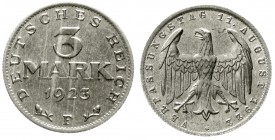 Weimarer Republik Kursmünzen 3 Mark, Aluminium mit Umschrift 1922-1923
1923 F. Nicht aus Brandschutt.
fast Stempelglanz, Prachtexemplar, äußerst sel...