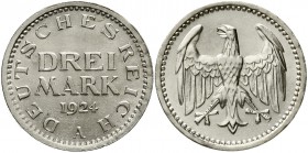 Weimarer Republik Kursmünzen 3 Mark, Silber 1924-1925
3 Reichsmark 1924 A. prägefrisch/fast Stempelglanz