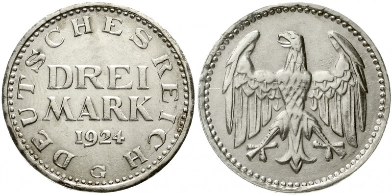 Weimarer Republik Kursmünzen 3 Mark, Silber 1924-1925
3 Reichsmark 1924 G. vorz...