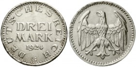 Weimarer Republik Kursmünzen 3 Mark, Silber 1924-1925
3 Reichsmark 1924 G. vorzüglich/Stempelglanz