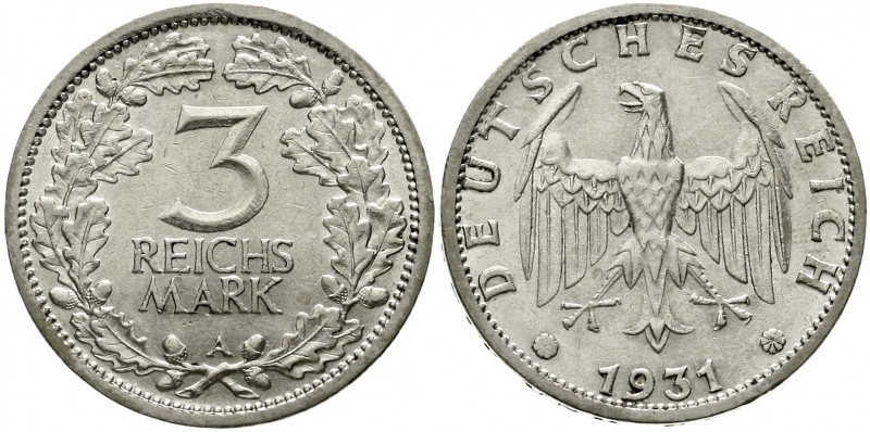 Weimarer Republik Kursmünzen 3 Reichsmark, Silber 1931-1933
1931 A. vorzüglich/...