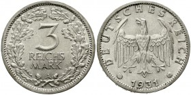 Weimarer Republik Kursmünzen 3 Reichsmark, Silber 1931-1933
1931 A. vorzüglich/Stempelglanz
