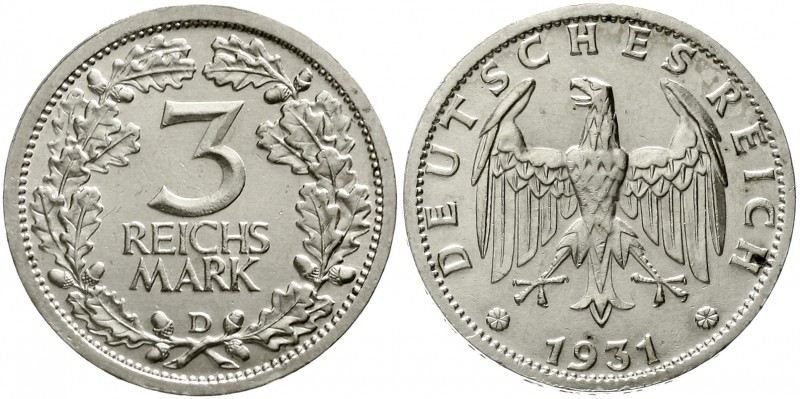 Weimarer Republik Kursmünzen 3 Reichsmark, Silber 1931-1933
1931 D. vorzüglich/...