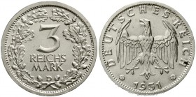 Weimarer Republik Kursmünzen 3 Reichsmark, Silber 1931-1933
1931 D. vorzüglich/Stempelglanz
