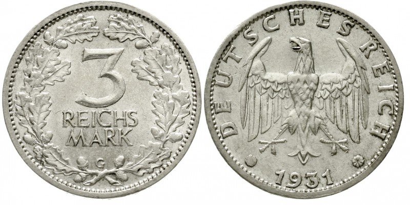 Weimarer Republik Kursmünzen 3 Reichsmark, Silber 1931-1933
1931 G vorzüglich/S...