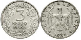 Weimarer Republik Kursmünzen 3 Reichsmark, Silber 1931-1933
1931 G vorzüglich/Stempelglanz
