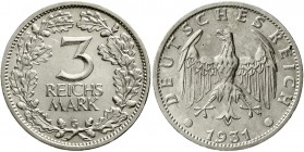 Weimarer Republik Kursmünzen 3 Reichsmark, Silber 1931-1933
1931 G. vorzüglich
