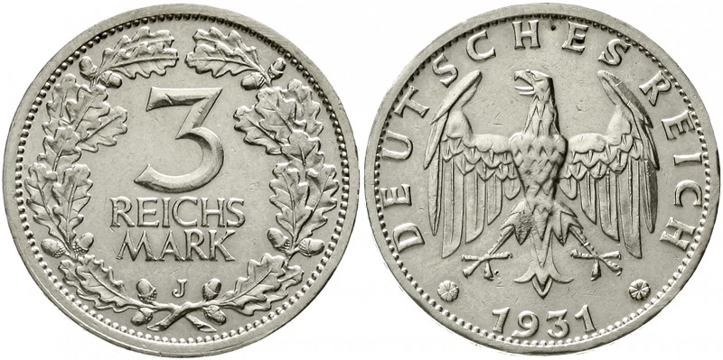Weimarer Republik Kursmünzen 3 Reichsmark, Silber 1931-1933
1931 J. sehr schön/...