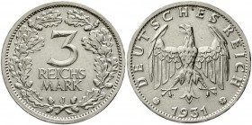 Weimarer Republik Kursmünzen 3 Reichsmark, Silber 1931-1933
1931 J. sehr schön/vorzüglich