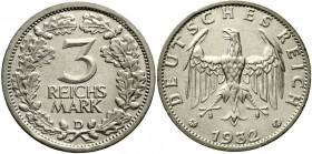 Weimarer Republik Kursmünzen 3 Reichsmark, Silber 1931-1933
1932 D vorzüglich, etwas berieben