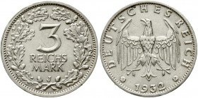 Weimarer Republik Kursmünzen 3 Reichsmark, Silber 1931-1933
1932 J. vorzüglich/Stempelglanz, winz. Kratzer
